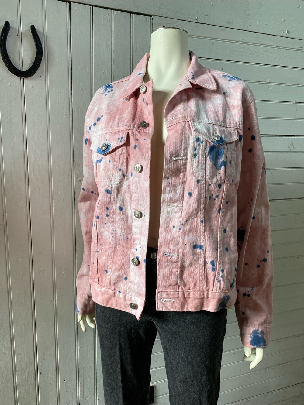 Urban Outfitters Pink Denim Jacket with Blue Splatter
